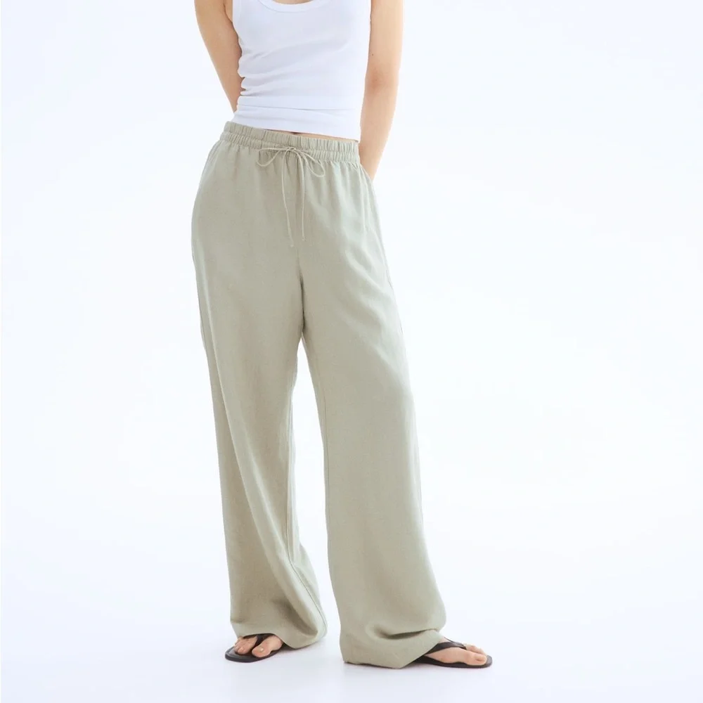 H&M Sage Green Linen Blend Wide Leg Pants Elastic Waist Size S NWT ✨